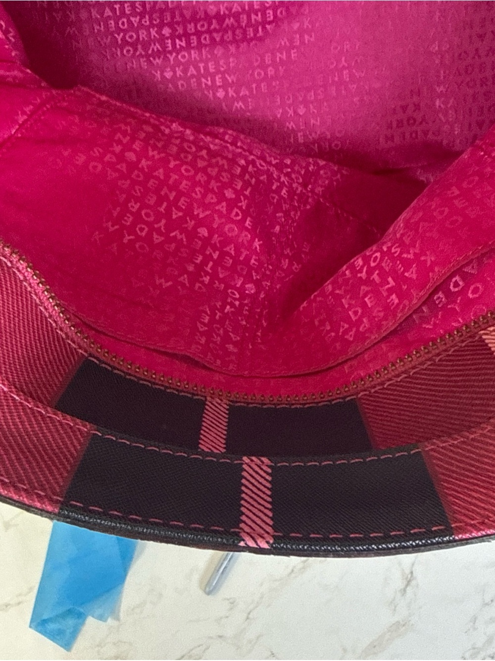 Kate Spade Zippered Tote Bag Large 13” Polyvinyl Leather Trim Pink Plaid Handbag - Picture 8 of 13